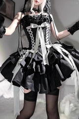 [Thousand Paper Cranes] Sleeveless Multi-Layered Ruffle Bowknot Lace-Up Fishbone Gothic Lolita Jsk Dress 4 Colors - Black/Silver - 1