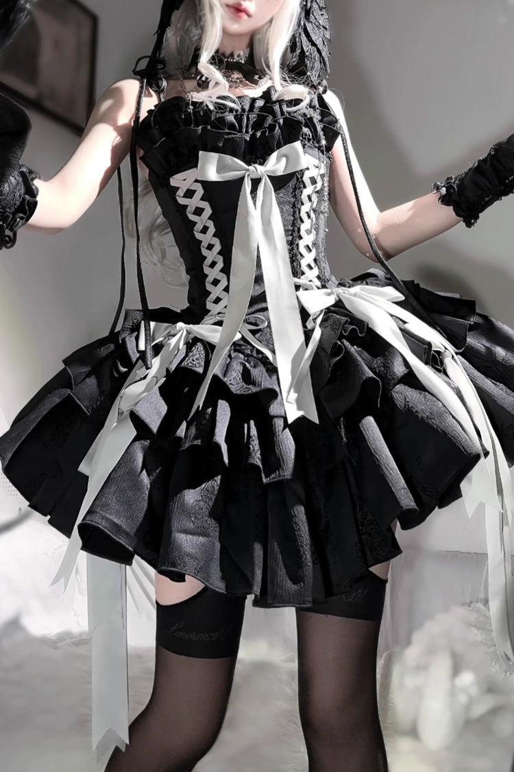 [Thousand Paper Cranes] Sleeveless Multi-Layered Ruffle Bowknot Lace-Up Fishbone Gothic Lolita Jsk Dress 4 Colors - Black/Silver - 1