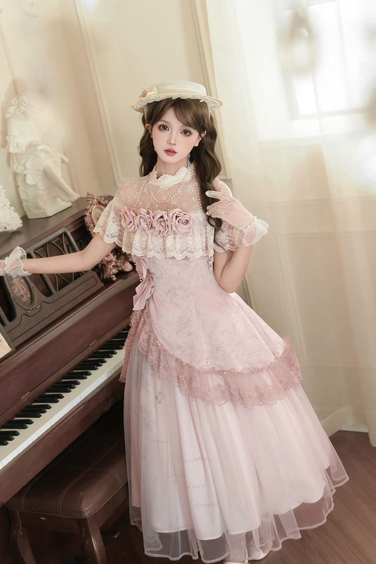 Pink [Rose Poems] Ruffle Embroidery Bowknot Lace Asymmetric Sweet Elegant Lolita Dress Set - Product - 13