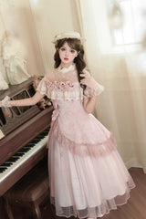 Pink [Rose Poems] Ruffle Embroidery Bowknot Lace Asymmetric Sweet Elegant Lolita Dress Set - Product - 13