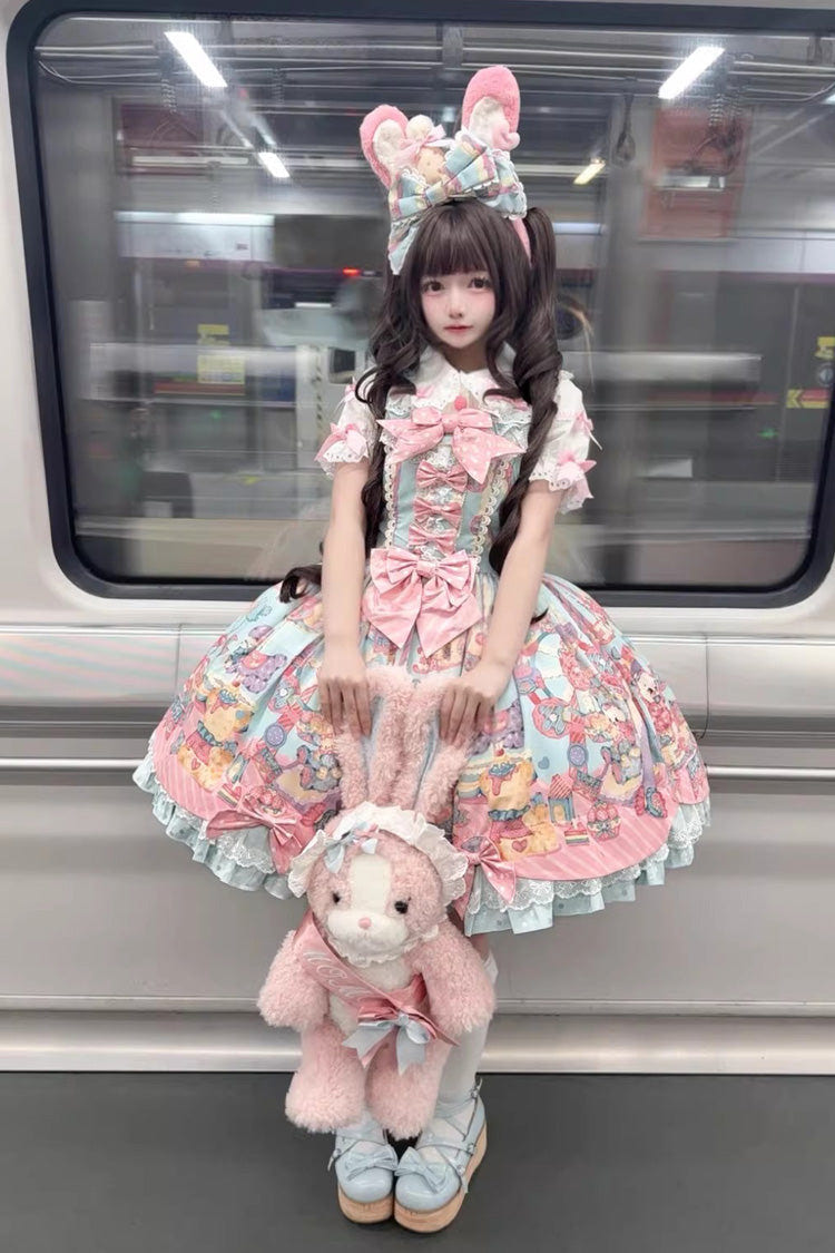 Blue/Pink [Rainbow Buffy Bunny] Sleeveless Double-Layered Ribbon Doll Printed Ruffled Bow Sweet Lolita Jsk Dress Set - Product - 6
