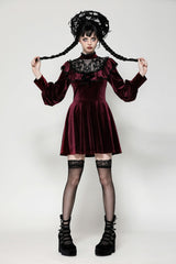 Red Long Sleeves Crochet Velvet Dress Women's Gothic Graduation Dress - Product - 7