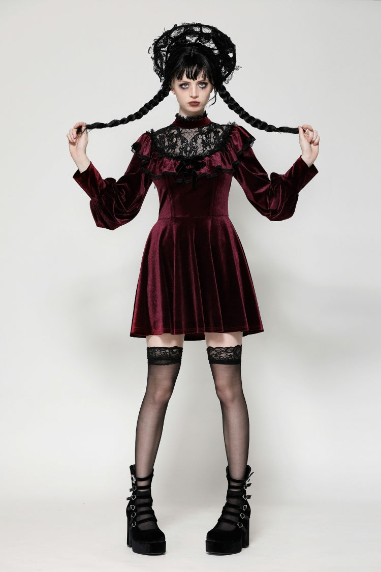 Red Long Sleeves Crochet Velvet Dress Women's Gothic Graduation Dress - Product - 7