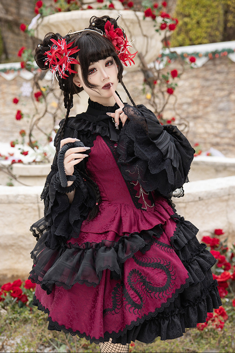 Black/Red Multi-Layered Ruffle Bowknot Lace Asymmetric Gothic Lolita Jsk Dress - Product - 4
