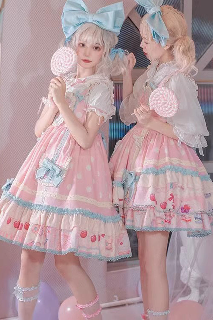 Pink [Frosted Sugar Sweetheart] Double-Layered Print Ruffle Bowknot Sweet Princess Lolita Jsk Dress - Product - 4