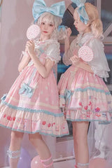 Pink [Frosted Sugar Sweetheart] Double-Layered Print Ruffle Bowknot Sweet Princess Lolita Jsk Dress - Product - 4