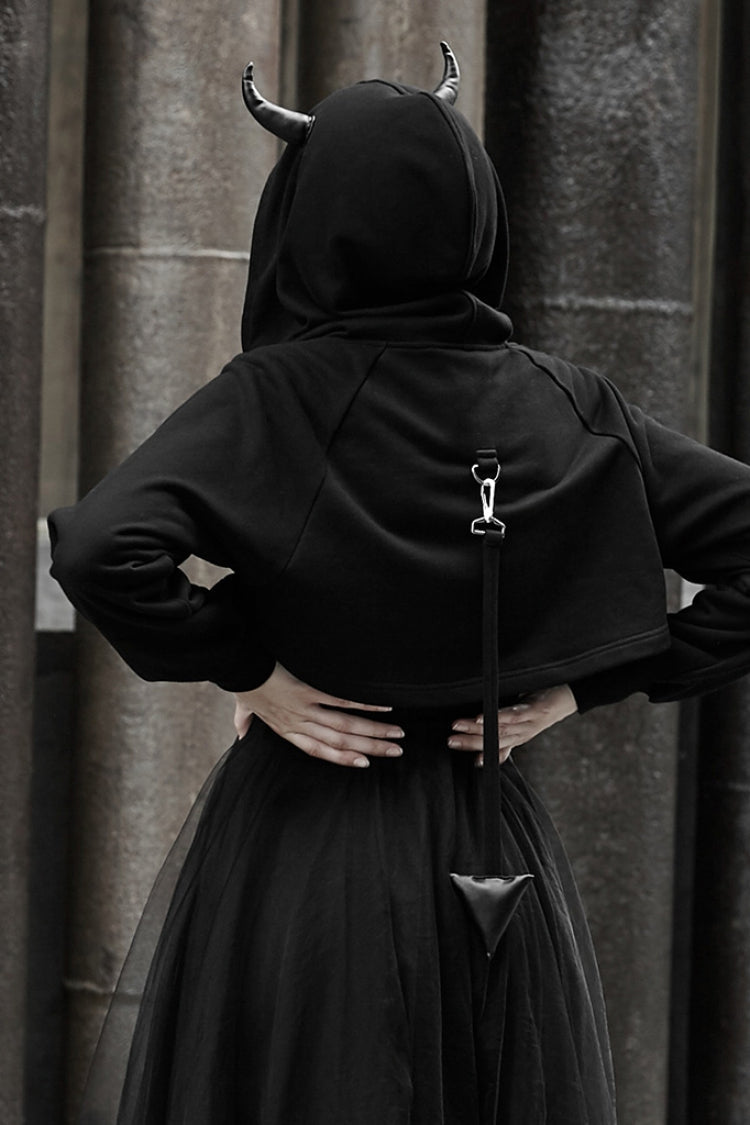 Black Demon Horn Decoration Long Sleeves Lace-Up Hooded Women's Gothic Coat - Product - 4