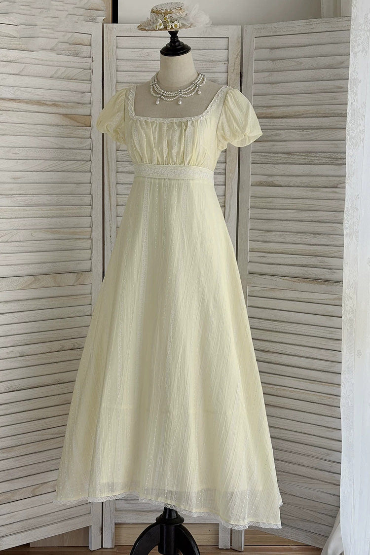 Yellow Square Collar Short Sleeves Jacquard Ruffled Lace Sweet Elegant Lolita Dress - Product - 7