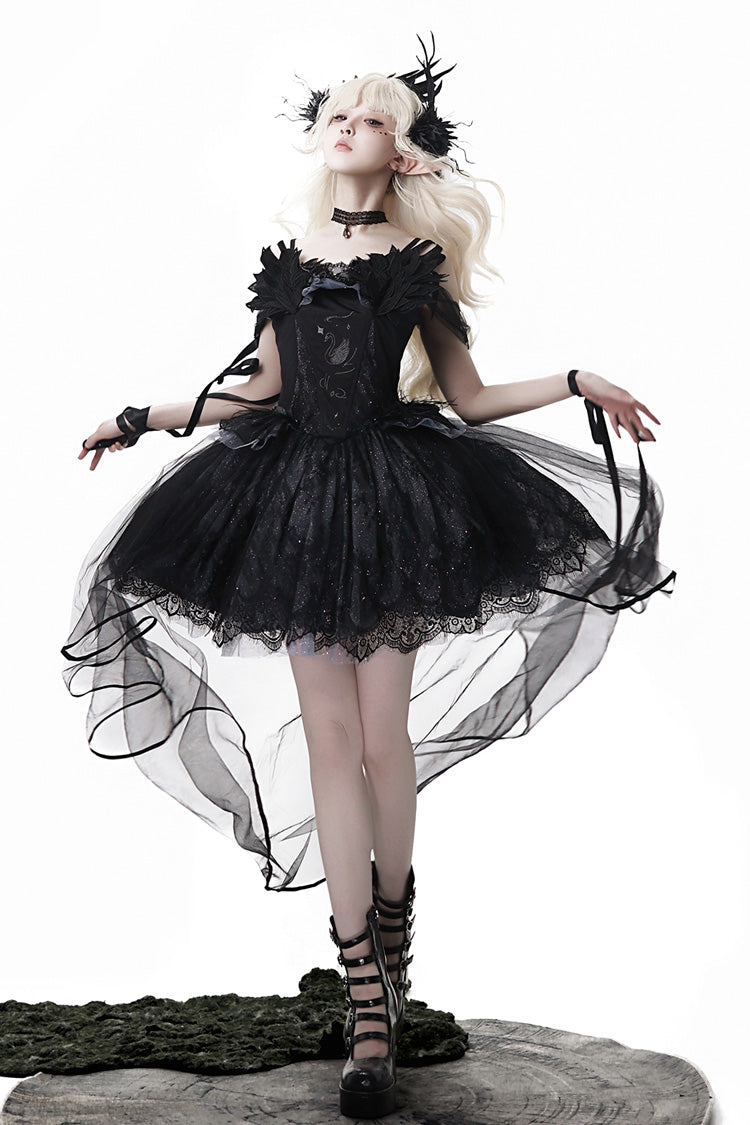 Black [Black Swan's Prayer] Sleeveless Ruffle Bowknot Gothic Ballet Lolita Jsk Dress - Product - 7