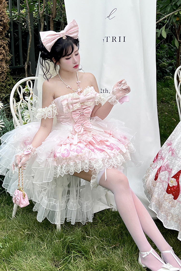 Pink [True Love Strawberry] Print Off Shoulder Sleeveless Ruffle Bowknot Lace Sweet Princess Lolita Dress Set - Product - 4