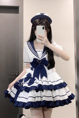Dark Blue Navy Style Short Sleeves Double Layer Ruffle Bowknot Lace Sweet Lolita Dress - Product - 7