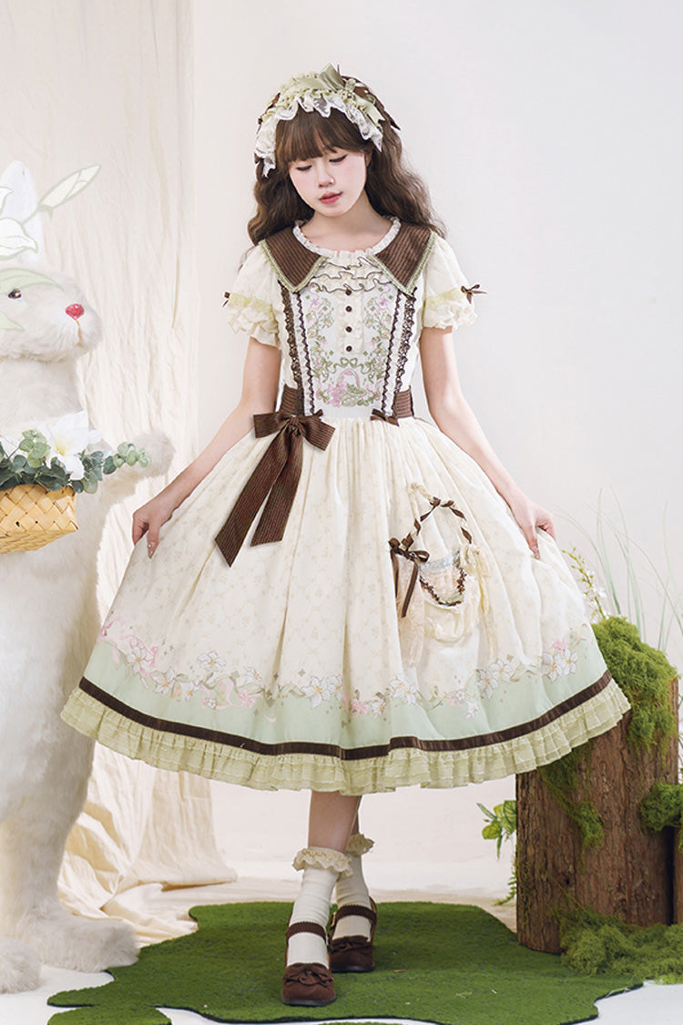 Green/Ivory [Lily] Short Sleeves Print Ruffle Embroidery Bowknot Lace Sweet Elegant Lolita Dress - Product - 11