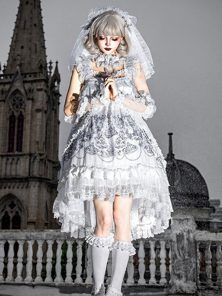 Gothic White Candle Print Waistless Lolita JSK Dress with Lace Details + Choker + Candle Embroidered Brooch Set - view 9