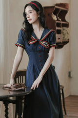 Dark Blue Navy Collar Short Sleeves Subtle Pattern Bow Classic College Style Lolita Dress - Product - 10