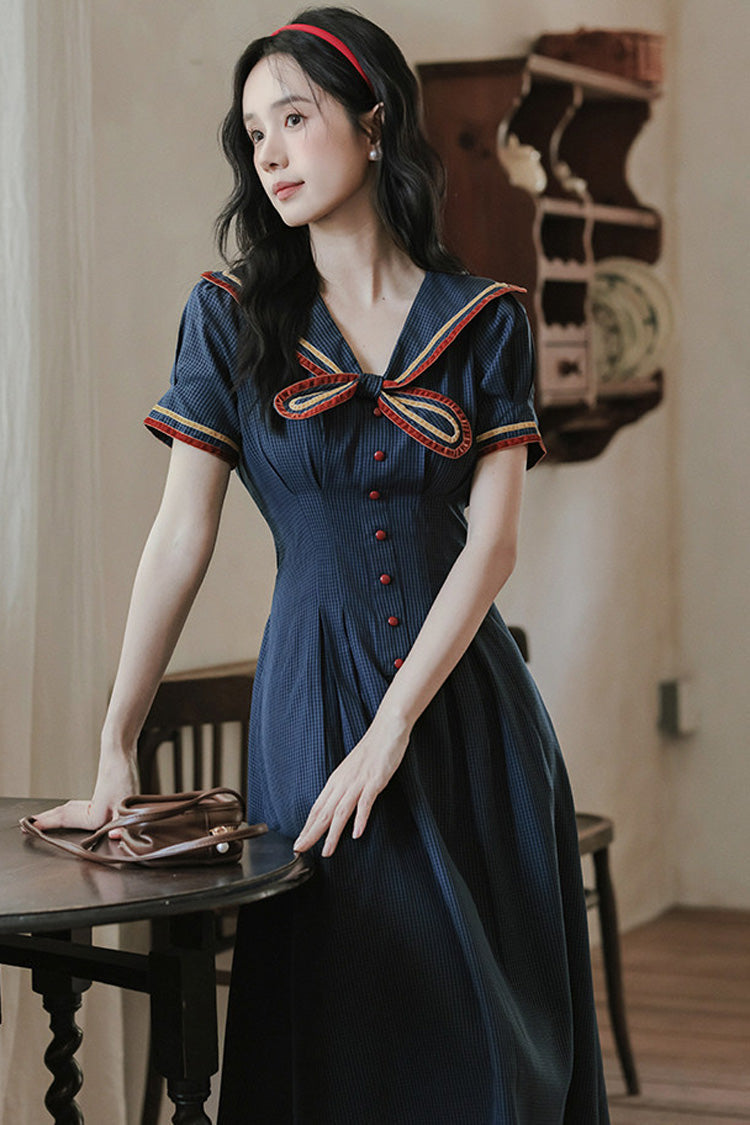 Dark Blue Navy Collar Short Sleeves Subtle Pattern Bow Classic College Style Lolita Dress - Product - 10