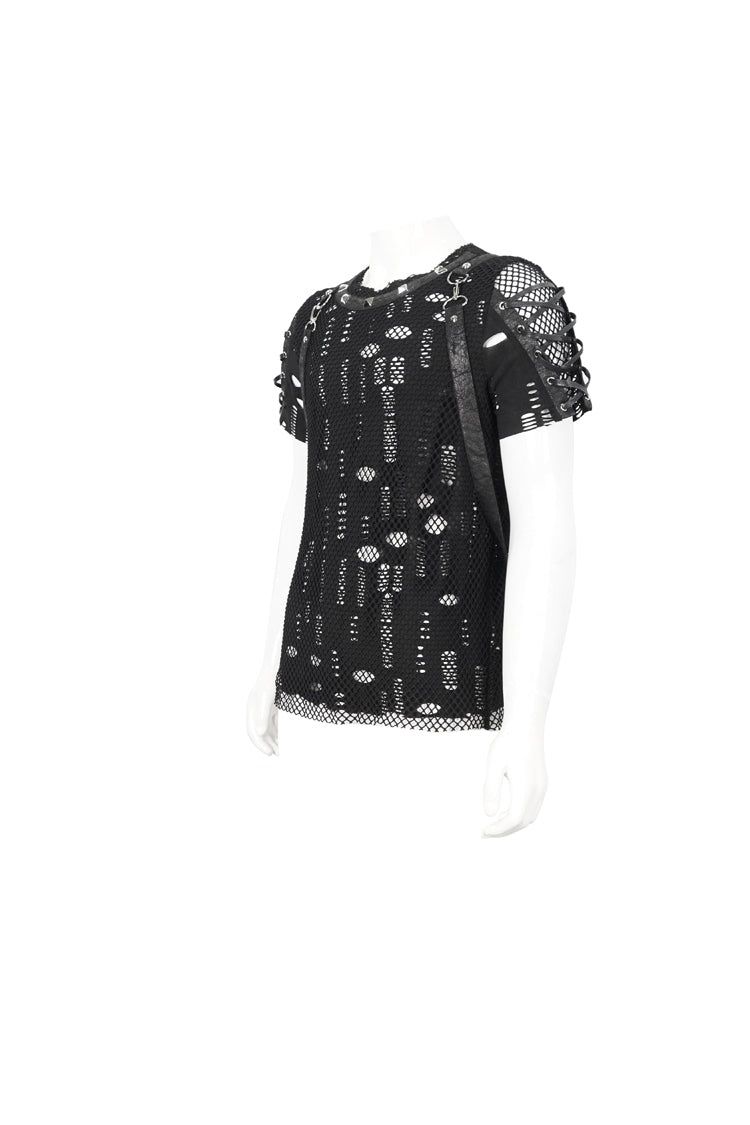 Black Half Hollow Shoulder Tie Design Men's Punk T-Shirt - Product - 7