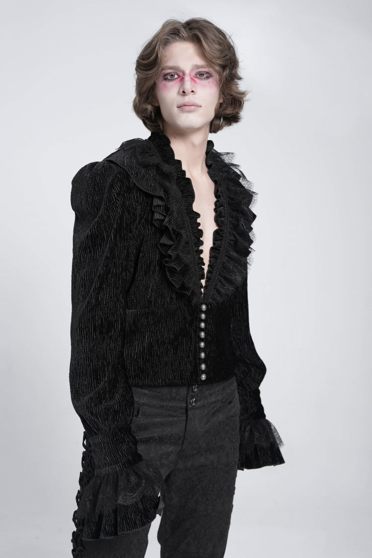 Black V Collar Long Sleeves Ruffle Stitching Lace Men's Gothic Blouse - Product - 3