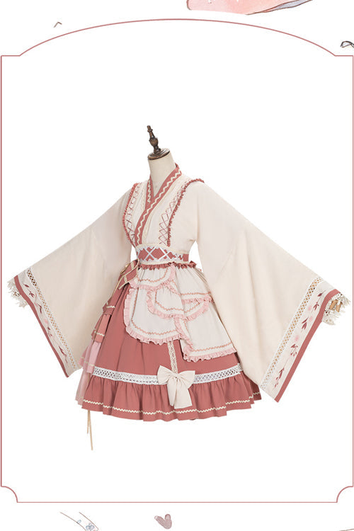 Beige/Pink Wide Sleeved Multi-Layered Ruffle Sweet Lolita OP Dress - Product - 7