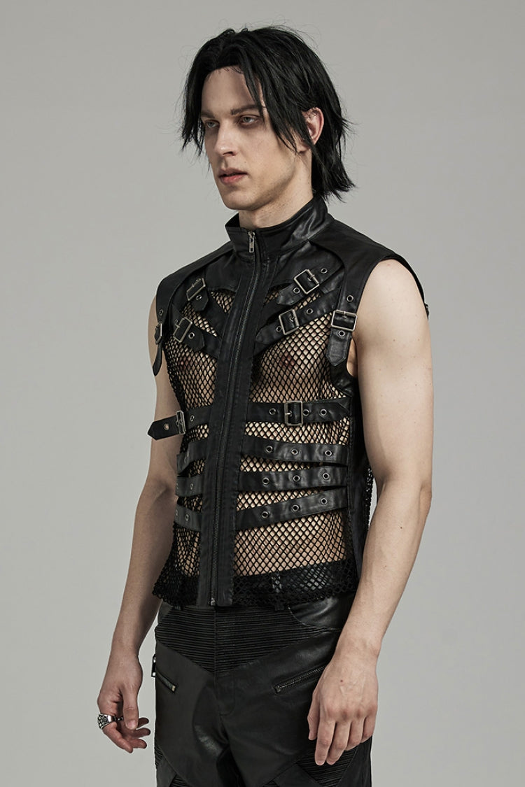 Black Multi-buckles Hollow Mesh Faux Leather Men's Punk Vest - Product - 2