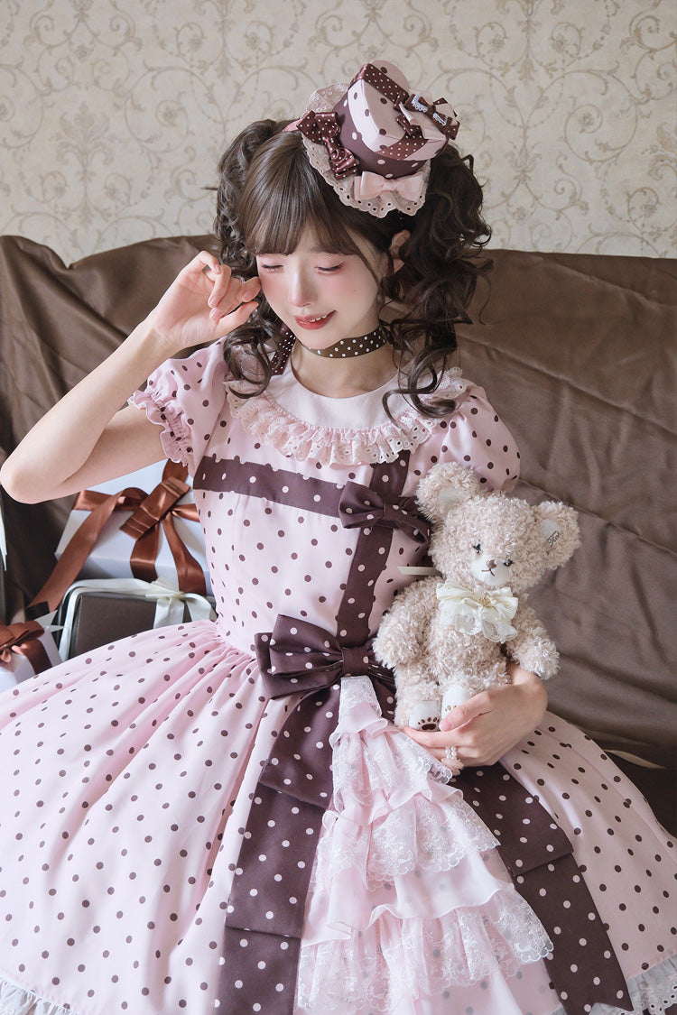 Pink [Canelé Gift Box] Round Collar Short Sleeves Double-Layered Printed Polka Dot Ruffled Open-Front Bow Asymmetric Sweet Lolita Dress - Product - 26