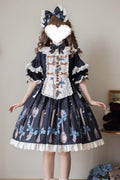 Dark Blue The Witch's Banquet Round Collar Short Sleeves Printed Ruffled Embroidered Bow Lace Sweet (Dress Only) front view