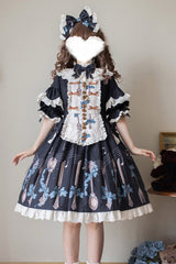 Dark Blue [The Witch’s Banquet] Round Collar Short Sleeves Printed Ruffled Embroidered Bow Lace Sweet Lolita Jsk Dress - Dark-Blue - 1