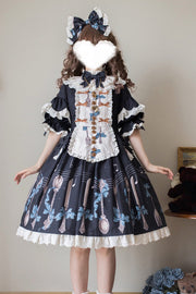 Dark Blue The Witch's Banquet Round Collar Short Sleeves Printed Ruffled Embroidered Bow Lace Sweet (Dress Only) front view