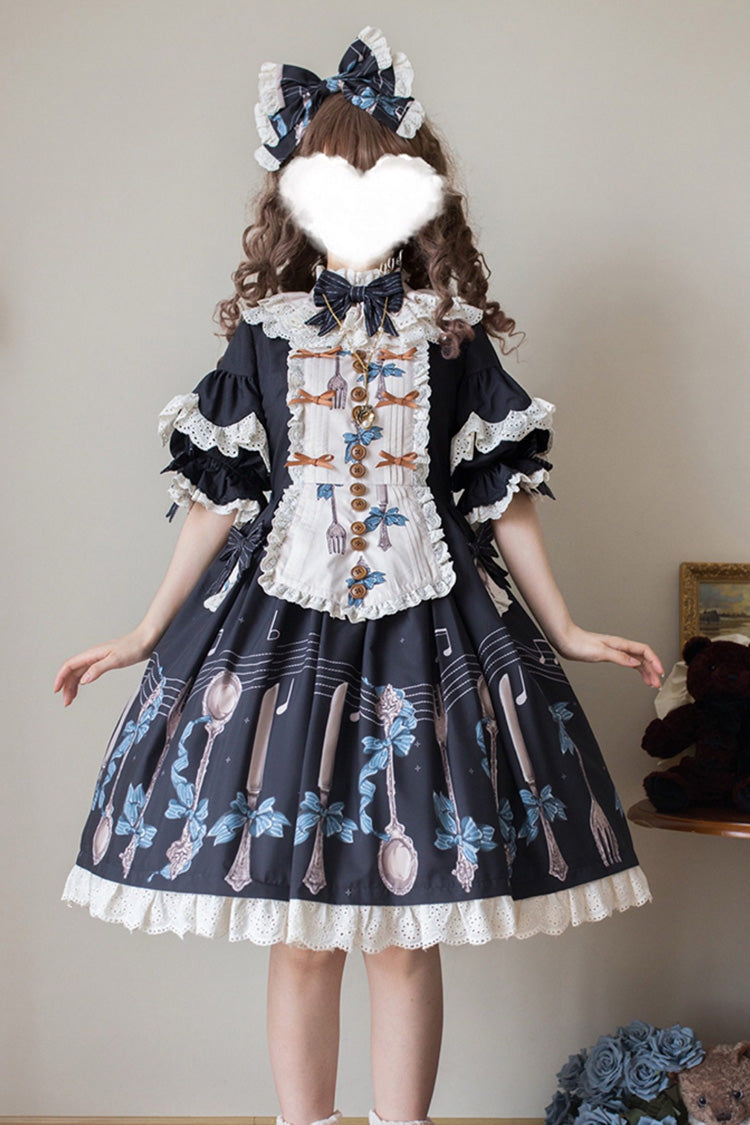Dark Blue [The Witch’s Banquet] Round Collar Short Sleeves Printed Ruffled Embroidered Bow Lace Sweet Lolita Jsk Dress - Dark-Blue - 1