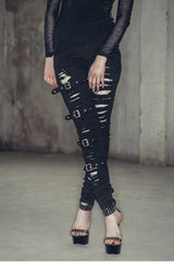 Black Punk Loops Broken Holes Womens Pants - Product - 2