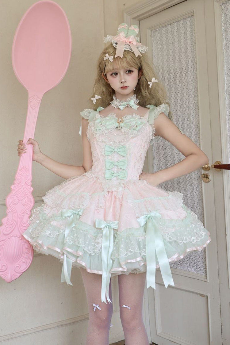 Pink [Candy Satin Ballet] Square Collar Sleeveless Multi-Layered Ruffled Bow Lace Pearl Detail Sweet Lolita Jsk Dress - Pink(Dress-Only) - 1