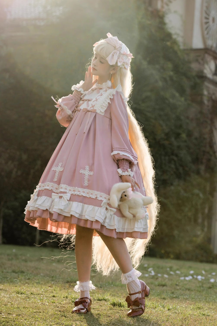 Pink [Cross Wish Dream] Long Sleeves Bowknot Lace-Up Sweet Lolita Tiered Dress - Product - 2
