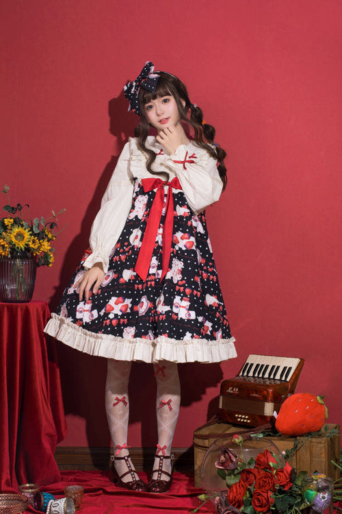 Round Collar High Waist Strawberry Milk Jar Printed Sweet Lolita OP Dress - Product - 4