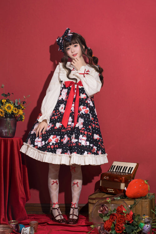 Round Collar High Waist Strawberry Milk Jar Printed Sweet Lolita OP Dress - Product - 4