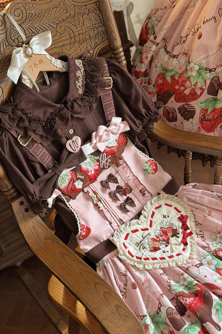 Pink [Strawberry Chocolate Lover] Sleeveless Printed Ruffled Embroidered Bow Lace Sweet Lolita Strap Dress - Product - 12