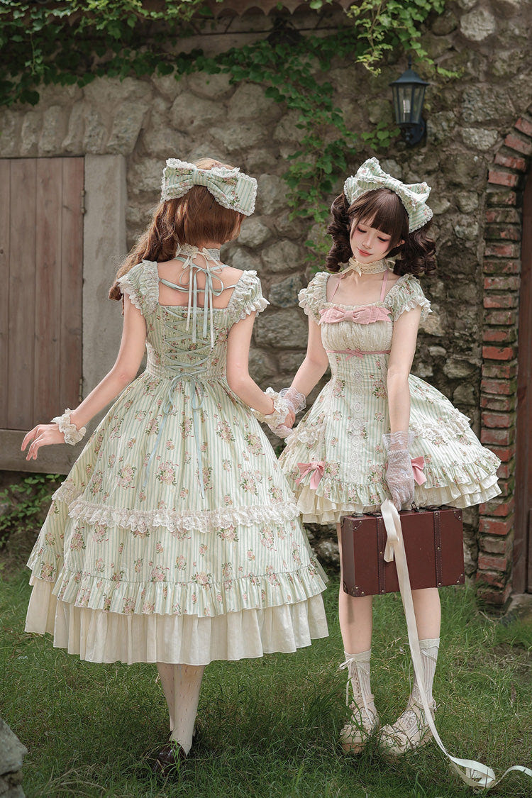 Green [An Encounter with Austin] Square Collar Short Sleeves Multi-Layered Rose Printed Ruffled Bow Lace Sweet Lolita Dress 2 Versions - Product - 12
