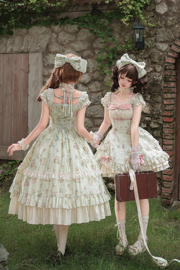 Green [An Encounter with Austin] Square Collar Short Sleeves Multi-Layered Rose Printed Ruffled Bow Lace Sweet Lolita Dress 2 Versions - Product - 12
