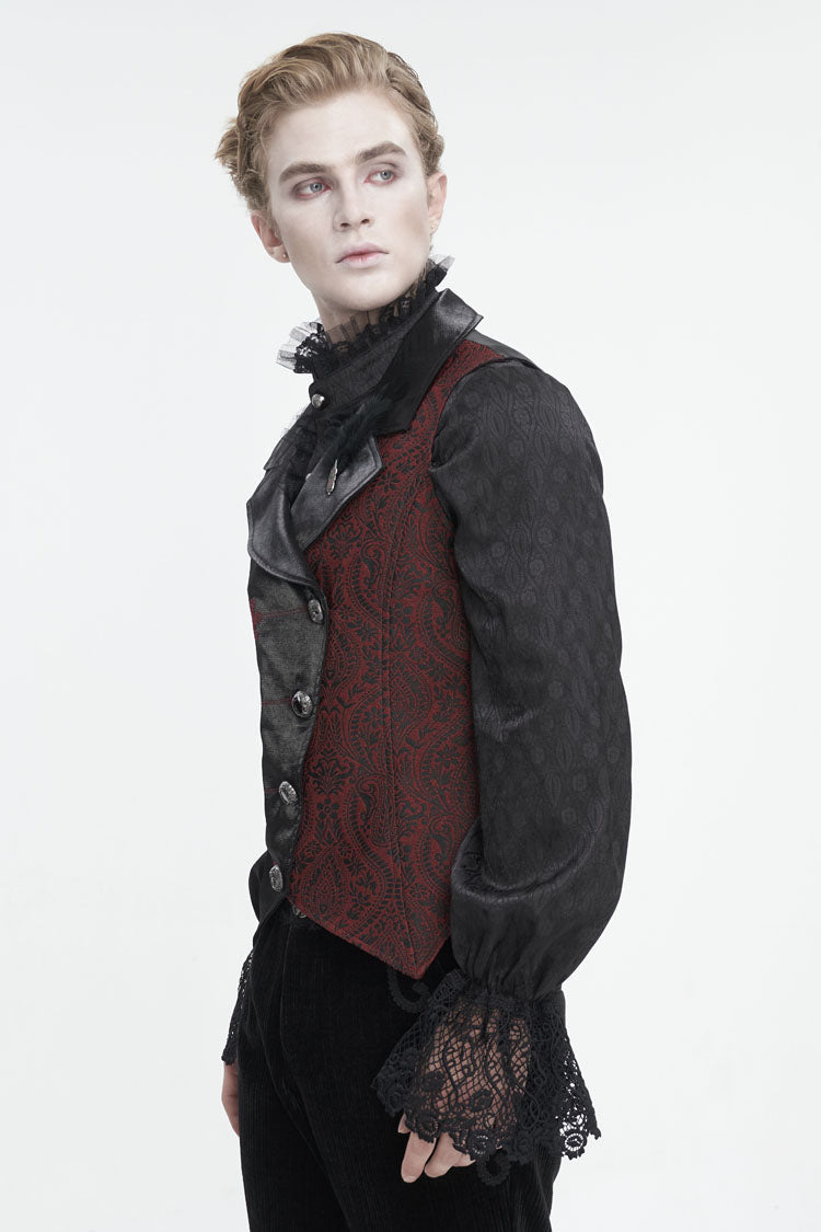 Black/Red Embossed Feather Men's Gothic Waistcoat - Product - 3
