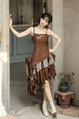 Brown [Dune Traveler] Printed Ruffled Spliced Asymmetric Punk Vintage Lolita Jsk Dress Set - Product - 11