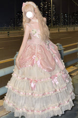 Apricot/Pink Multi-layer Ruffle Hanayome Bowknot Sweet Princess Gorgeous Long Lolita Jsk Dress - Apricot/Pink - 1