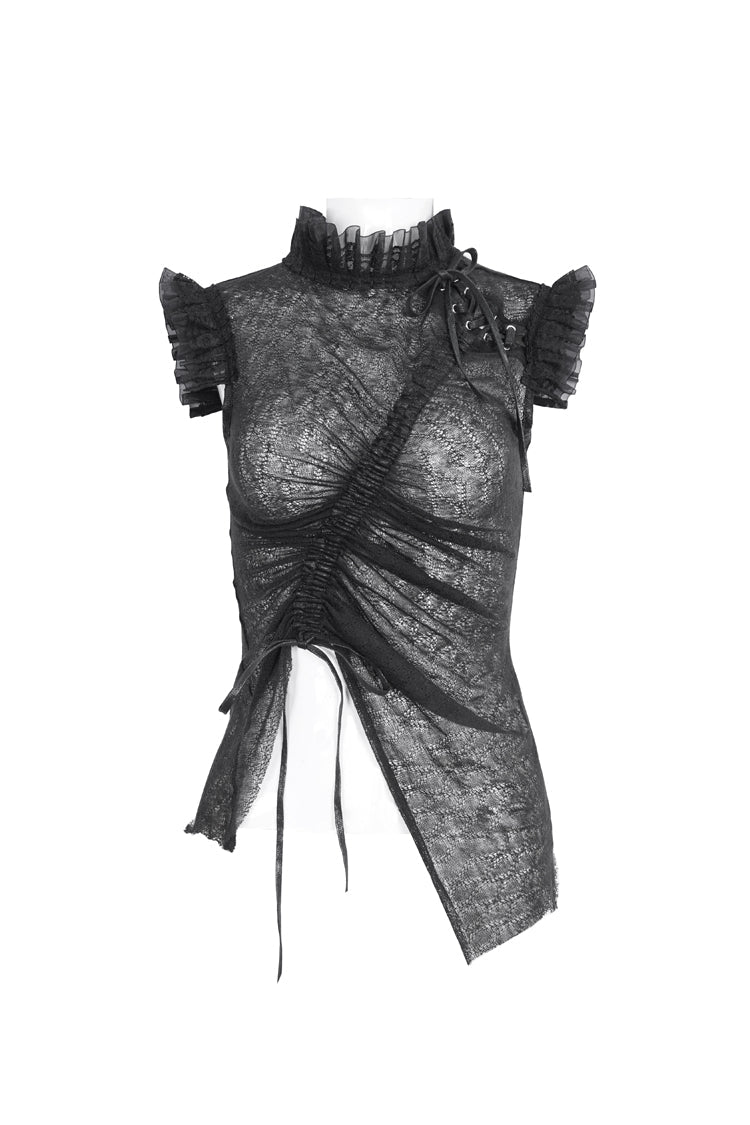 Black Sleeveless Ruffle Lace-Up Sheer Women's Gothic Blouse - Product - 5