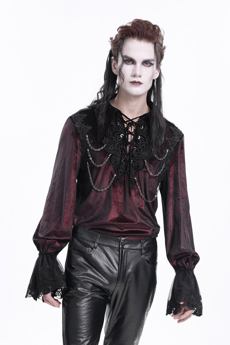 Wine Red V Collar Long Sleeves Lace-Up Chain Men's Gothic Blouse - Product - 3