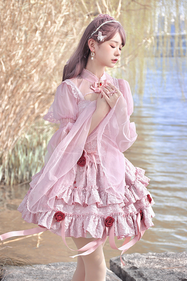 Pink Weeping Rose Double-Layered Ruffle Embroidery Bowknot Lace Sweet Ballet Lolita Skirt Set - Product - 3