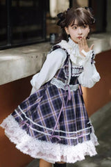Black/Purple [Endless Summer] High Waisted Printed Ruffled Bow Lace Sweet Princess Lolita Jsk Dress 2 Versions - Product - 2