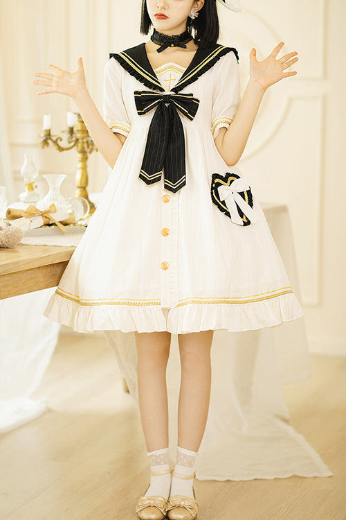 Chest Cross Striped Short Sleeve Gothic Lolita Dress - White - 1