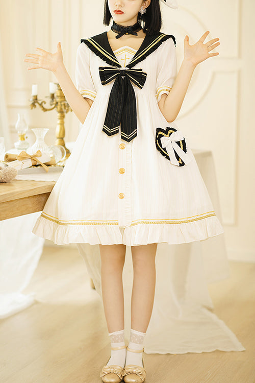 Chest Cross Striped Short Sleeve Gothic Lolita Dress - White - 1