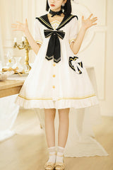 Chest Cross Striped Short Sleeve Gothic Lolita Dress - White - 1