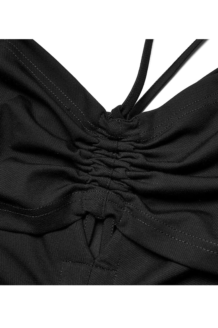 Black Knitted Stretch Hollow-Carved Design Drawstring Bodycon Shoulder Strap Halter Neck Women's Punk Dress - Product - 9