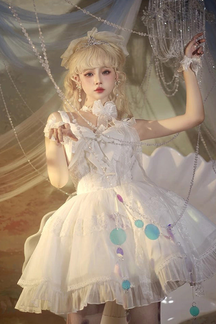White [Bright Moonlight] Sleeveless Ruffle Bowknot Lace Lace-Up Sweet Elegant Lolita Jsk Dress - Product - 6