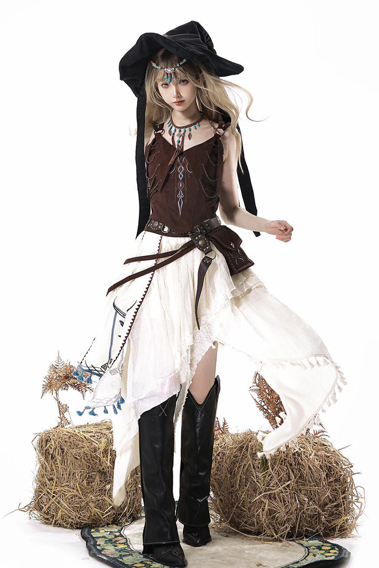 Brown/White [Dune Shadow Seeker] Sleeveless Ruffled Embroidered Irregular Vintage Lolita Skirt Set - Brown/White(Set) - 1