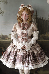 Brown [Teddy Bear Party] Round Collar Short Sleeves Printed Ruffled Bow Daily Sweet Lolita Dress - Brown - 1